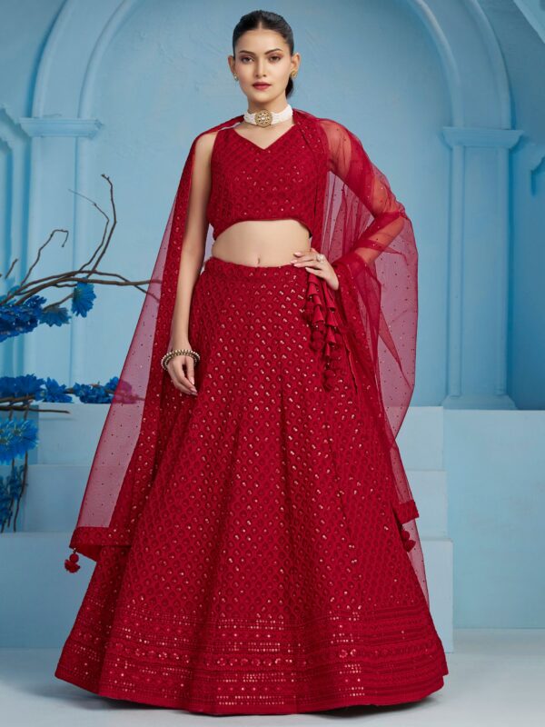 Fascinating Red Thread Work Georgette Wedding Wear Lehenga Choli