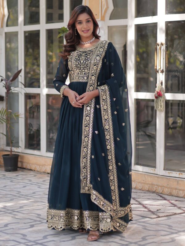 Gorgeous Teal Blue Zari Work Georgette Party Wear Gown With Dupatta