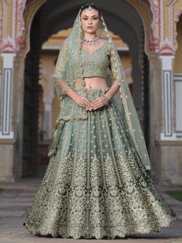 Excellent Pista-Green Embroidered Net Wedding Lehenga Choli