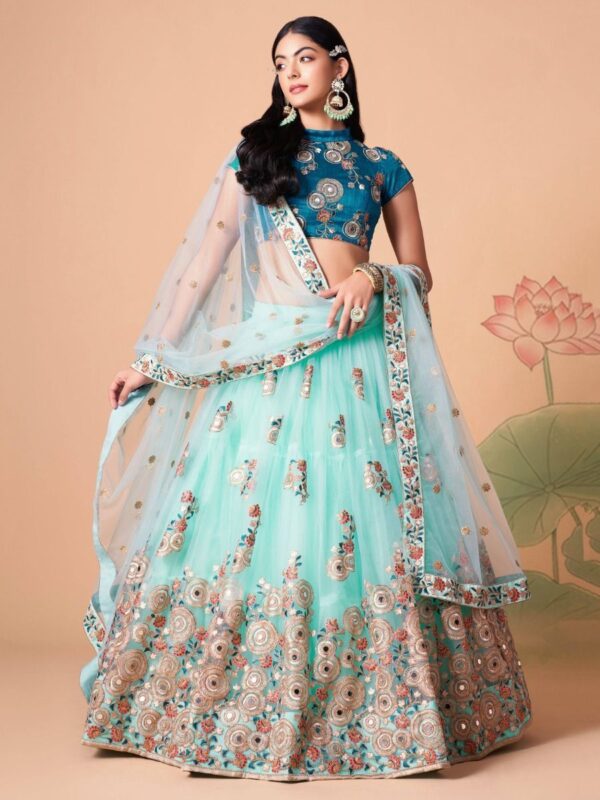 Lovely Electric Blue Sequins Work Net Designer Lehenga Choli