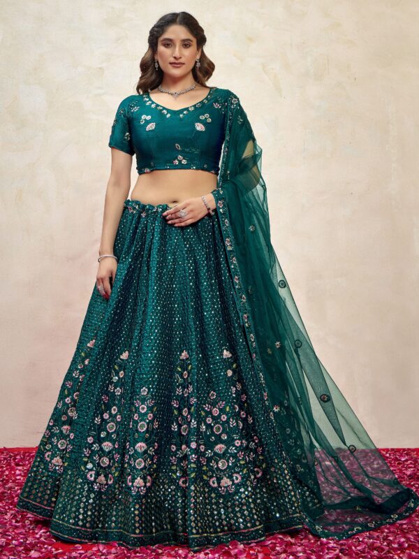 Beautiful Teal Green Sequins Net Wedding Lehenga Choli With Dupatta