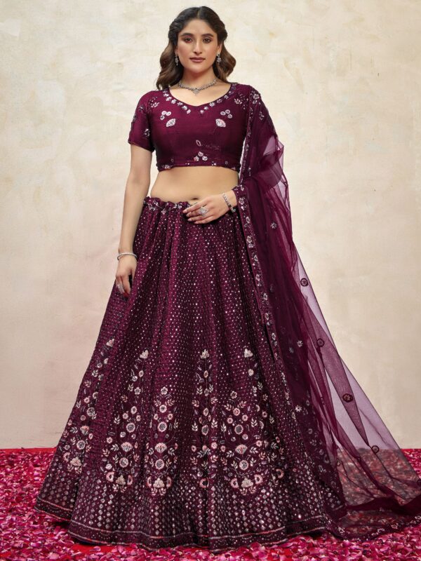 Gorgeous Wine Thread Embroidered Net Lehenga Choli With Dupatta