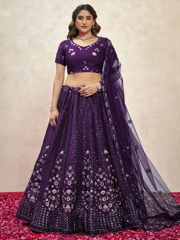 Precious Purple Thread Embroidered Net Designer Lehenga Choli