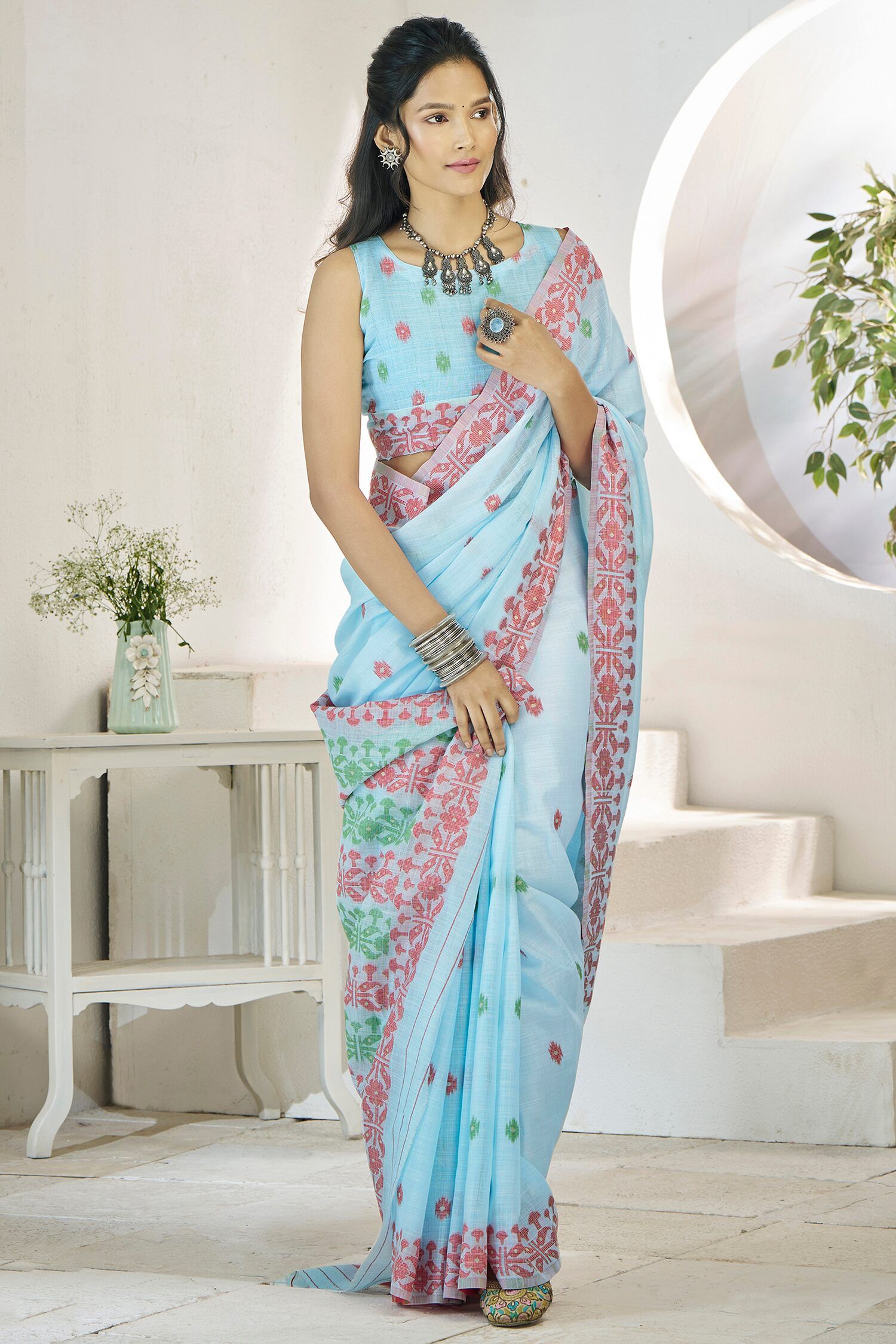captivating_sky-blue_digital_printed_linen_office_wear_saree_with_blouse_5_